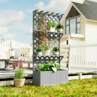 Outsunny 52L Wooden Planter, with Trellis and Shelves - Grey(m-8)