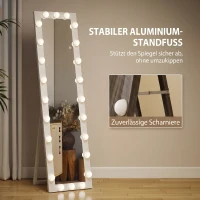 HOMCOM Ganzkörperspiegel 150x40 cm LED Spiegel mit 24 Glühbirnen 3 Lichtfarbe, freistehend oder anlehnbar Weiß(m-6)