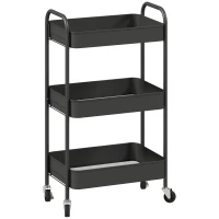 HOMCOM Mehrzweckwagen Rollwagen Küchenwagen, 3 Regale, 4 Rollen, 45 cm x 30,6 cm x 79 cm, Schwarz(m-1)