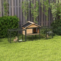 PawHut Wooden Rabbit Hutch Outdoor with Steel Run, Wooden Guinea Pig Cage with Removable Plastic Tray, Asphalt Roof, Ramp(m-10)
