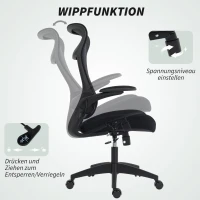 HOMCOM Ergonomischer Bürostuhl mit 3D-Armlehnen, Netzstoffrücken, S-förmige Rückenlehne, Kopfstütze, Kippfunktion, Schwarz(m-8)