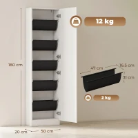 HOMCOM Dulap pentru Pantofi cu Oglindă, Uși Reversibile cu 5 Rafturi din Material Textil, 50 x 20 x 180 cm, Alb(m-3)