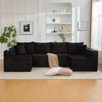 Divano a U in velluto a coste con portabicchieri integrato e tasca laterale, imbottitura a molle, 320x155x88 cm, Nero(m-4)