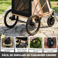 PawHut Carrito para Perros Plegable hasta 20 kg con Ruedas Grandes Suspensión y Freno Ventanas de Malla Cojín Marrón Claro(m-6)