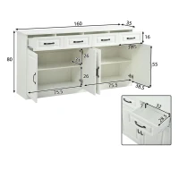 Aparador com 4 gavetas e 4 portas, muito espaço de arrumação e ampla superfície de trabalho, 4 prateleiras, 160x35x80 cm, Branco(m-3)
