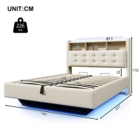 Cama estofada 140 × 200 cm, iluminação LED, design flutuante, sem colchão, 217x141x110 cm, Bege(m-3)