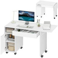 HOMCOM Rollbarer Computertisch, klappbarer Schreibtisch mit Schrank und Schublade, Spanplatte, Weiß(m-12)