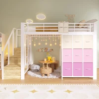 Letto matrimoniale a soppalco 140x200 cm con scala contenitore e ripiani in tessuto, 251,5x145x140 cm, Bianco(m-4)