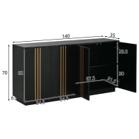 Credenza moderna a 4 ante con dettagli dorati, 35x140x70 cm, Nero(m-3)