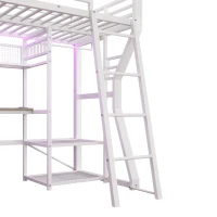 Letto a soppalco per materasso 90x200 cm con scomparti portaoggetti e spazio inferiore LED aperto, 204x131.5x180 cm, Bianco(m-10)