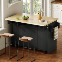 Ilha de cozinha móvel com tampo rebatível, rodízios com travão 360°, para 2–4 pessoas, 120x70x87 cm, Preto(m-6)