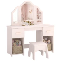 AIYAPLAY Coiffeuse pour Enfants avec Tabouret et Miroir à Trois Volets en Acrylique, 2 Tiroirs et 2 Placards, Rose(m-17)