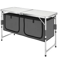 Outsunny Tavolino da Campeggio Picnic con Base per Cibi e Bevande Altezza Regolabile Pieghevole Alluminio, Legno 120x47x55/62/68cm(m-11)
