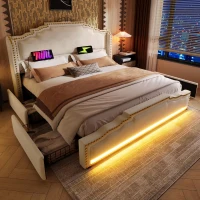Cama estofada 180×200, cama com 4 gavetas de arrumação, iluminação LED ambiente integrada, 214x189x120 cm, Bege(m-5)