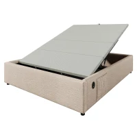 Cama estofada Cama de casal 160×200 cm, Cama com arrumação e pistões hidráulicos silenciosos, sem cabeceira, 202x161x29 cm, Bege+Cor natural(m-7)