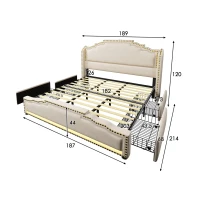 Cama estofada 180×200, cama com 4 gavetas de arrumação, iluminação LED ambiente integrada, 214x189x120 cm, Bege(m-3)