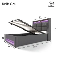 Letto contenitore imbottito con leva a gas e rete a doghe in metallo, rivestimento effetto lino, 210x95x117 cm, Grigio(m-3)