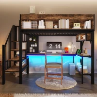 Cama alta 90x200 cm com secretária de canto, muito espaço de arrumação & placa perfurada, régua de tomadas integrada, 255x114x182 cm, Castanho+Preto(m-4)