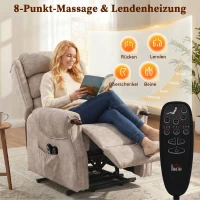 HOMCOM Fernsehsessel mit Aufstehhilfe Elektrisch Relaxsessel mit Vibrationsmassage, Wärme und Liegefunktion, Hellgrau(m-6)