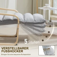 HOMCOM Loungefauteuil van berkenhout, gestoffeerde stoel met verstelbare voetensteun, moderne armleunstoel, lichtgrijs(m-5)