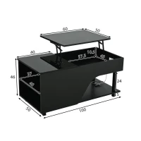 Table basse réglable en hauteur avec rangement caché, compartiments latéraux réglables, 50x100x46 cm, Noir(m-3)