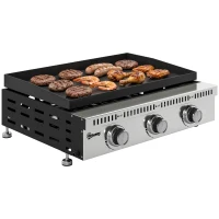 Outsunny Plancha gaz 9 kW 3 brûleurs en acier inoxydable, surface cuisson 56,5 x 33 cm, bac de récupération des graisses, noir(m-12)