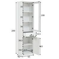 Vitrine alta com iluminação LED, grande espaço de arrumação com 3 prateleiras de vidro, 1 gaveta e 2 portas, 55x40x200 cm, Branco(m-3)