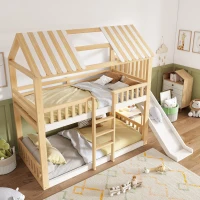 Beliche estilo cabana para crianças com telhado a duas águas, guarda‑corpo no estilo cerca de madeira, para colchões 90x200 cm, sem colchões, 247x171x220 cm, Branco(m-5)