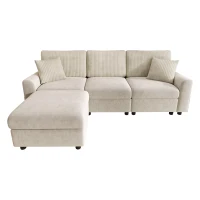 Sofá moderno com pufe, função de carregamento com duas portas, incl. 2 almofadas quadradas, almofadas de assento removíveis, 223x146x84 cm, Bege(m-1)