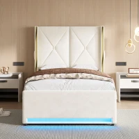Cama em veludo com cabeceira estofada e matelassada, bolsos laterais, 100x213x141 cm, Bege(m-2)