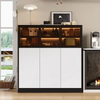 Credenza da cucina con illuminazione LED, 3 ante in vetro, 3 ante bianche e 14 ripiani, 100x40x105 cm, Bianco(m-5)