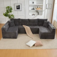 Divano a U in velluto a coste con portabicchieri integrato e tasca laterale, imbottitura a molle, 320x155x88 cm, Grigio scuro(m-4)