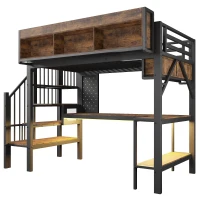 Cama alta 90x200 cm com secretária de canto, muito espaço de arrumação & placa perfurada, régua de tomadas integrada, 255x114x182 cm, Castanho+Preto(m-7)