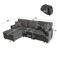 Divano moderno con pouf poggiapiedi, ricarica laterale doppia e 2 cuscini quadrati, 223x146x84 cm, Nero(m-3)