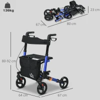 HOMCOM 4 Wheel Rollator with Seat and Back, Folding Mobility Walker with Carry Bag, Adjustable Height, Dual Brakes, Cane Holder, Lightweight Aluminium Walking Frame for Seniors and Disabled, Blue(m-3)