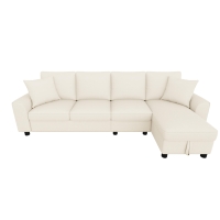 Canapé d'angle en L moderne en chenille, dossier rabattable avec porte-gobelets, coussins d'assise amovibles, 280x136x82 cm, Beige