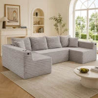 Divano a U in velluto a coste con portabicchieri integrato e tasca laterale, imbottitura a molle, 320x155x88 cm, Grigio chiaro(m-1)