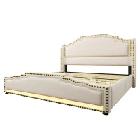 Cama estofada 180×200, cama com 4 gavetas de arrumação, iluminação LED ambiente integrada, 214x189x120 cm, Bege(m-6)