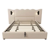 Cama estofada Cama de casal 180x200 cm com candeeiro de leitura giratório, revestida a linho, cabeceira ondulada, sem colchão, 215x252x111 cm, Bege(m-1)