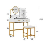 Toeletta trucco moderna con illuminazione a LED, specchio girevole, supporto per asciugacapelli e sgabello, 80x40x138,5 cm, Bianco(m-3)