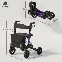 HOMCOM Folding Rollator Walker with Seat, Backrest, Lightweight Walking Frame with Storage Bag, Dual Brakes, Adjustable Handle Height, Suspension System, 4 Wheeled Walker for Seniors, Purple(m-3)