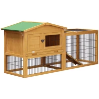 PawHut Konijnenhok 2 Verdiepingen Tannenhout Winterbestendig Dubbeldeks met Vrijloopgehege Helling 150x52x68 cm Geel(m-10)