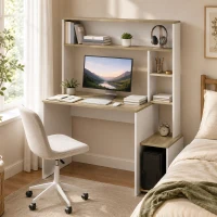 HOMCOM Bureau Informatique, 114 x 45 x 138 cm, Bureau avec Rangement, Étagères Ouvertes et Support UC, Blanc et Bois Naturel(m-7)