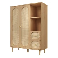 Guarda-roupa estilo rústico, 2 portas, 2 gavetas & prateleiras abertas para muito espaço de arrumação, 120x44x161 cm, Cor natural(m-6)