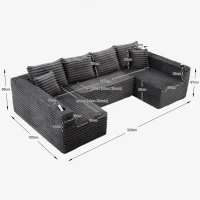 Divano a U in velluto a coste con portabicchieri integrato e tasca laterale, imbottitura a molle, 320x155x88 cm, Grigio scuro(m-3)