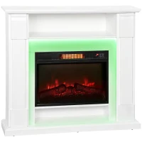 HOMCOM Elektrischer Kamin mit LED-Lichtern, realistischer Flammen-Effekt, 1800W, Kaminsims, 2 Fernbedienungen, Glas, Weiß(m-1)