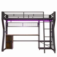 Letto a soppalco per materasso 90x200 cm con scomparti portaoggetti e spazio inferiore LED aperto, 204x131.5x180 cm, Nero(m-2)