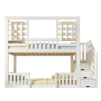 Letto a castello 4 posti con armadio a scaletta e spazio contenitore, 254x95x170 cm, Bianco(m-2)