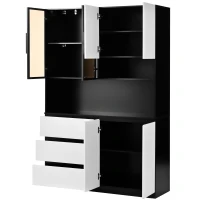 Vitrine de cozinha multifuncional, iluminação LED regulável e compartimento para micro-ondas, 120,5x40x180 cm, Preto(m-8)
