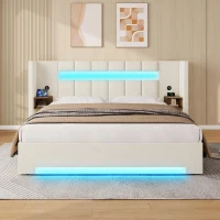 Struttura letto in velluto con striscia LED e comodini integrati, 245x212x103 cm, Beige(m-1)